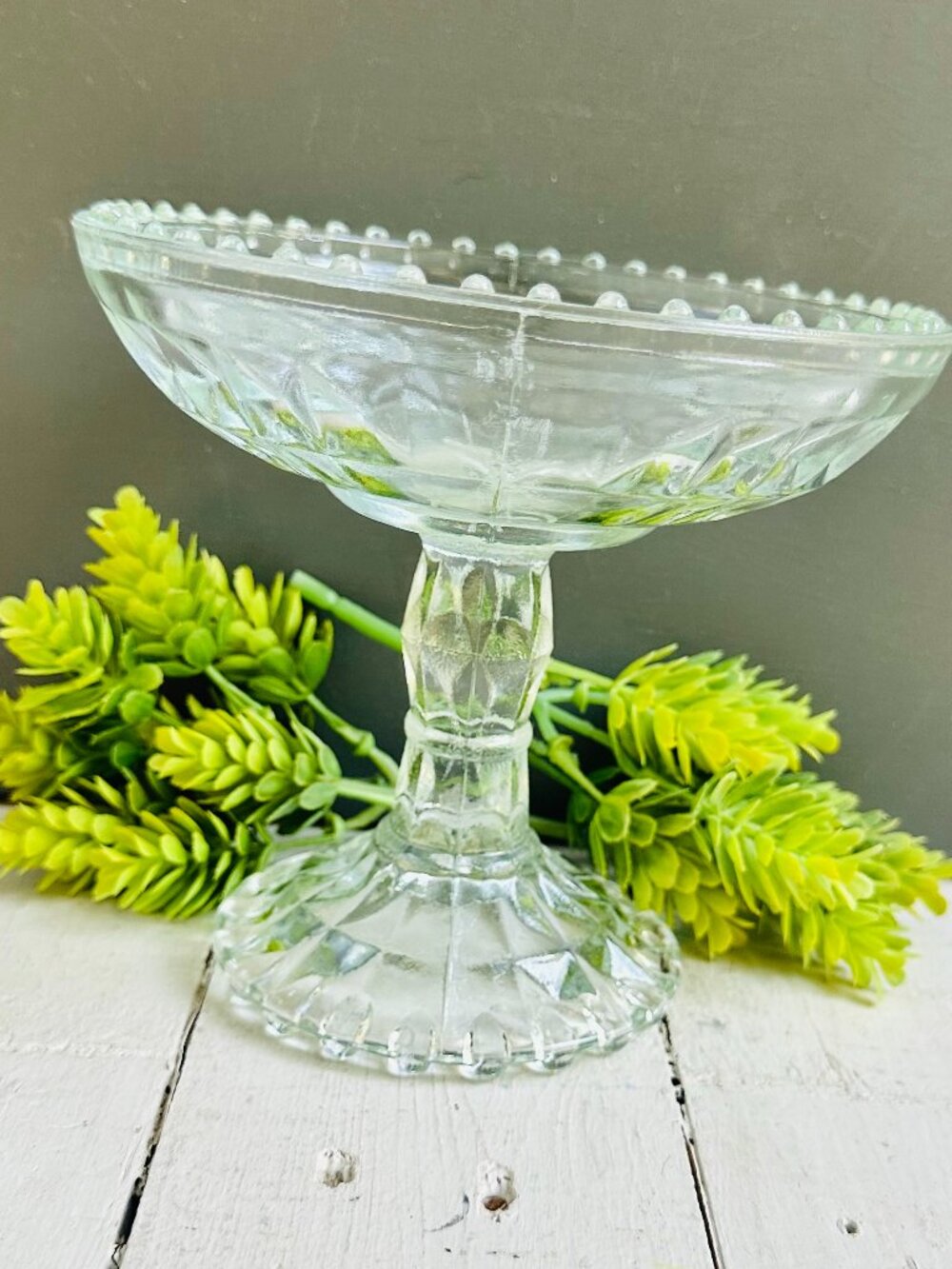 Vintage Clear Pressed Glass Compote, Diamond Point Pattern, Beaded Rim